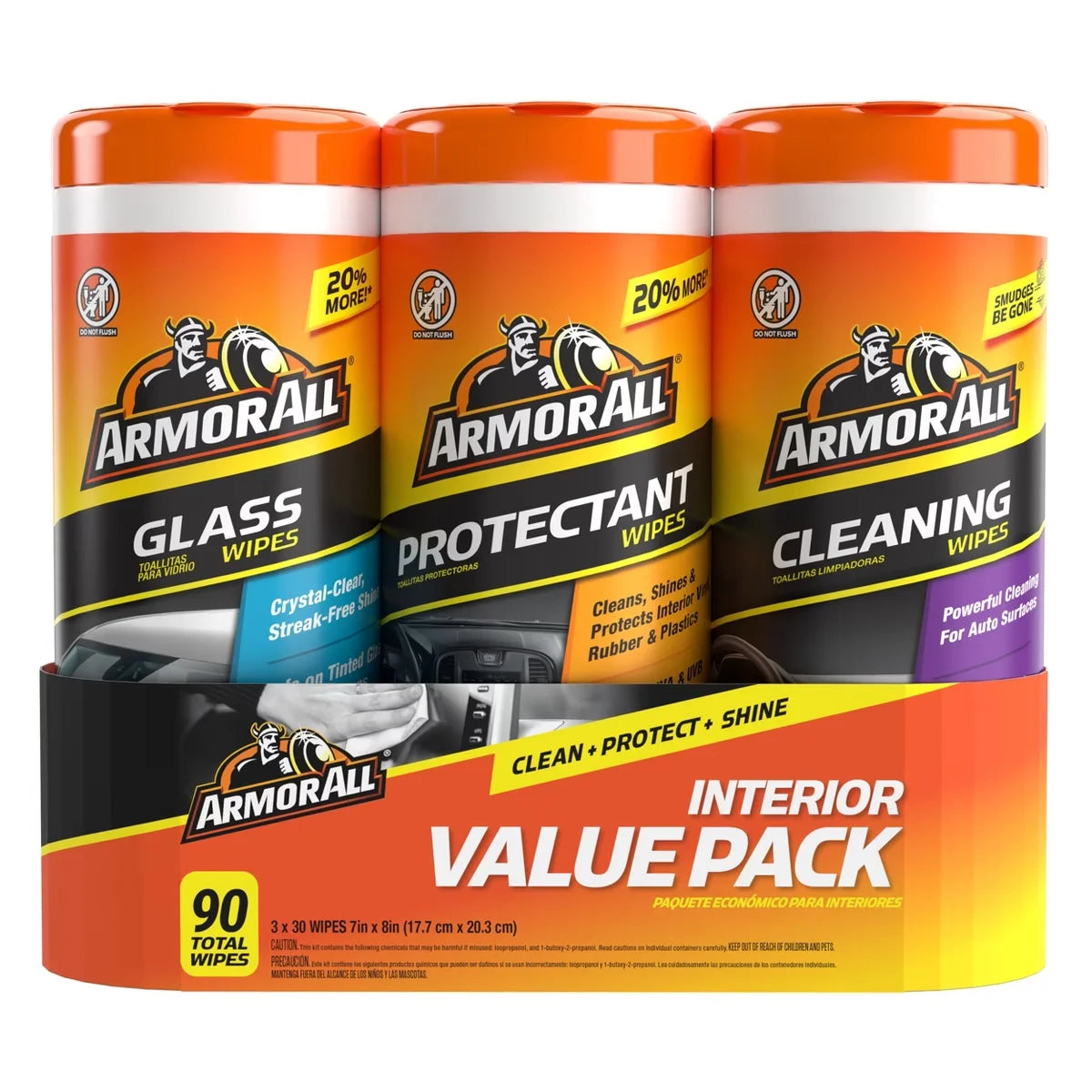 Armor All 3pk 30ct Triple Pack Protectant/Cleaning/Glass Wipes Automotive Interior Cleaner: Car Cleaning Supplies, UV Protection, Non-Abrasive