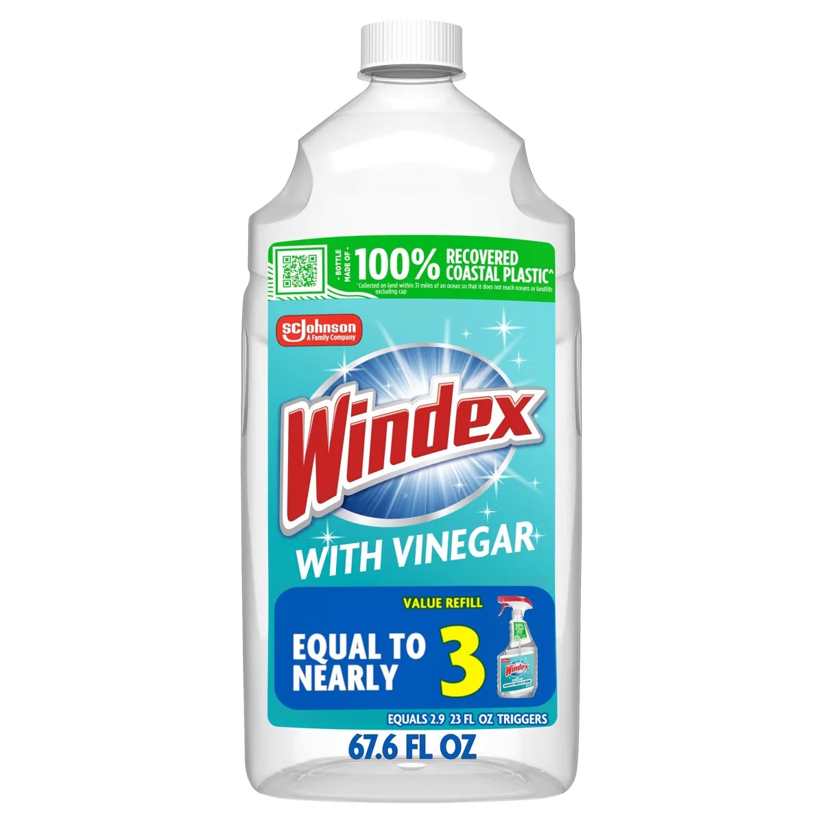 Windex Vinegar Window and Glass Cleaner Refill Bottle - 67.6 fl oz: Dye-Free, Paraben-Free, Phosphorus-Free